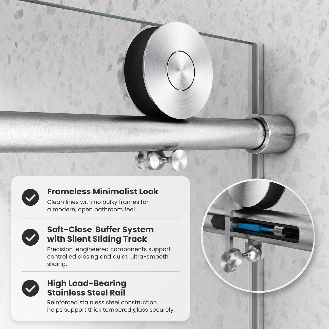 Soft-close roller system on Jade frameless sliding bathtub door