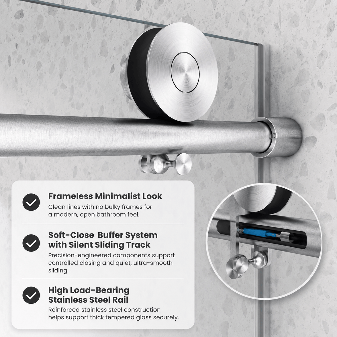 Soft-close roller system on Jade frameless sliding bathtub door