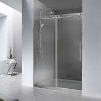 Jade brushed nickel frameless single sliding shower door installed in a modern bathroom
