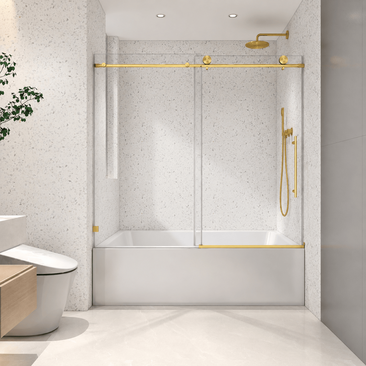 Jade frameless single sliding bathtub door in brushed gold