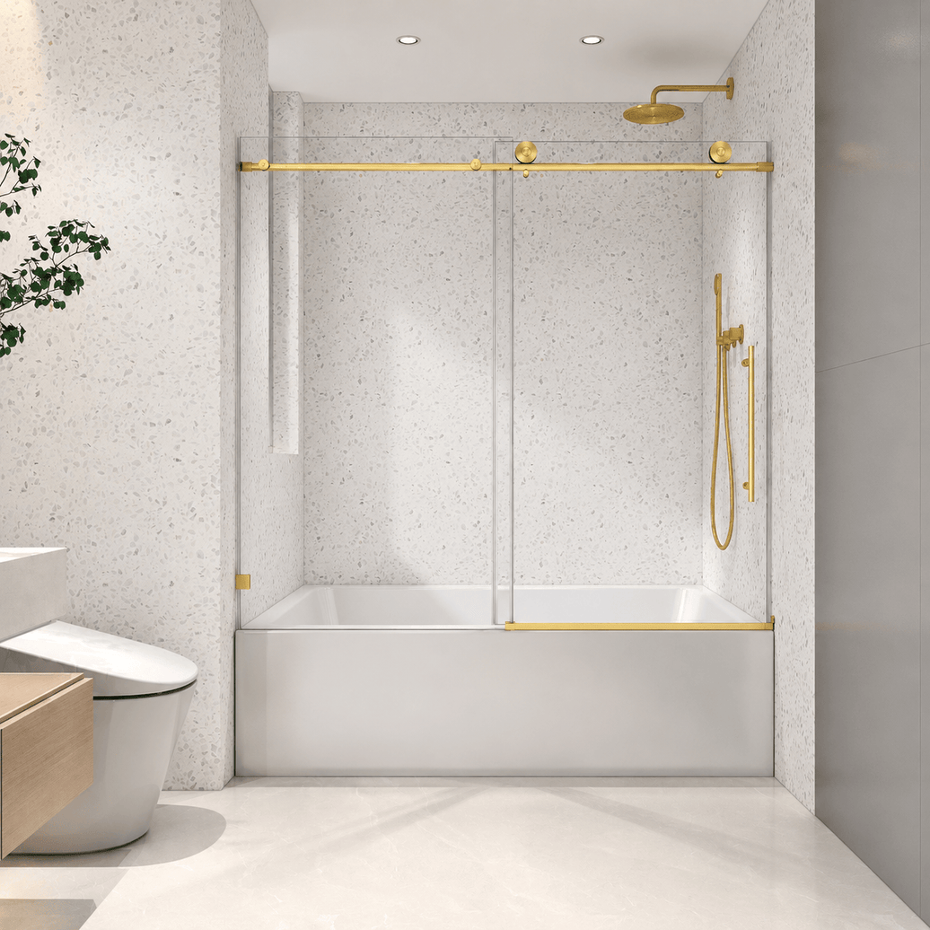 Jade frameless single sliding bathtub door in brushed gold