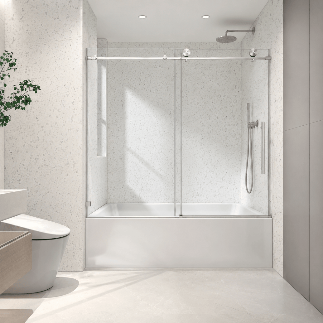 Jade frameless single sliding bathtub door in brushed nickel