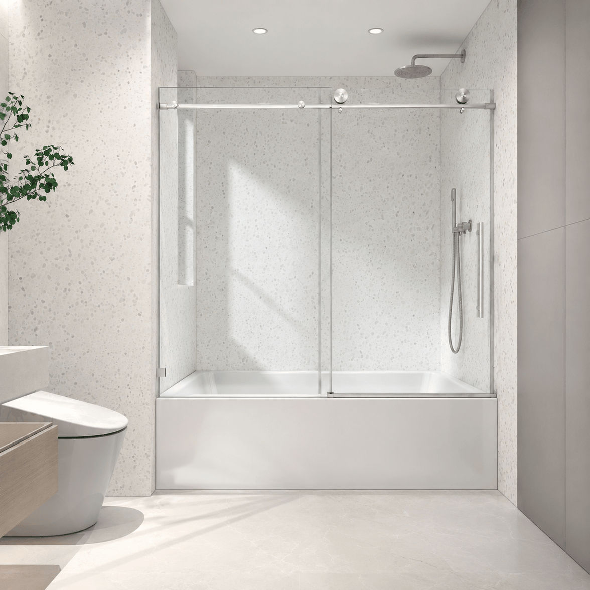 Jade frameless single sliding bathtub door in brushed nickel