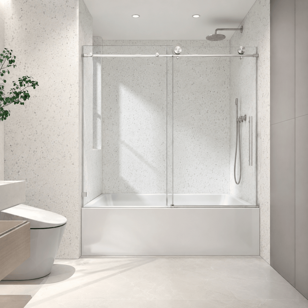 Jade frameless single sliding bathtub door in brushed nickel
