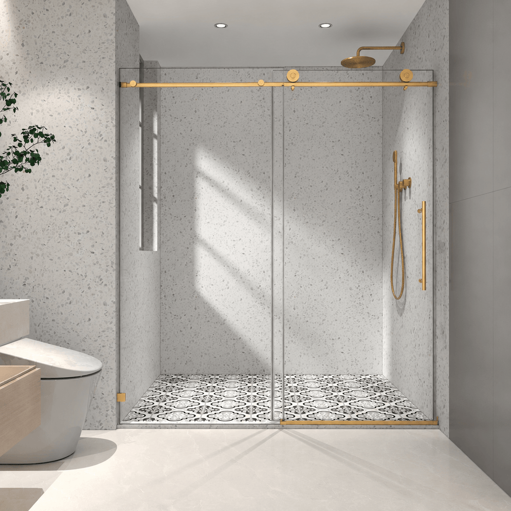 Jade frameless single sliding shower door in brushed gold