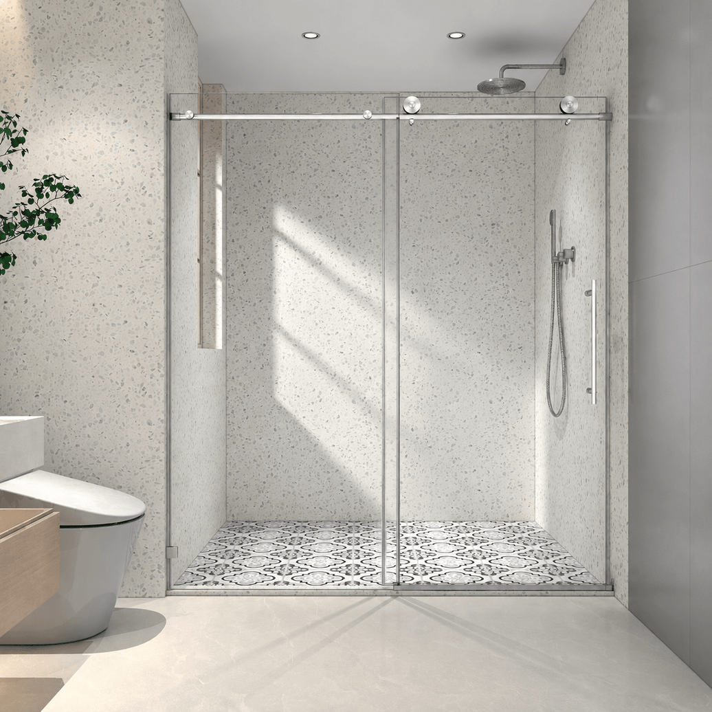 Jade frameless single sliding shower door in brushed nickel