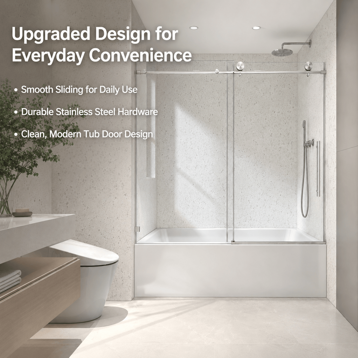 Jade frameless sliding bathtub door installed over a bathtub