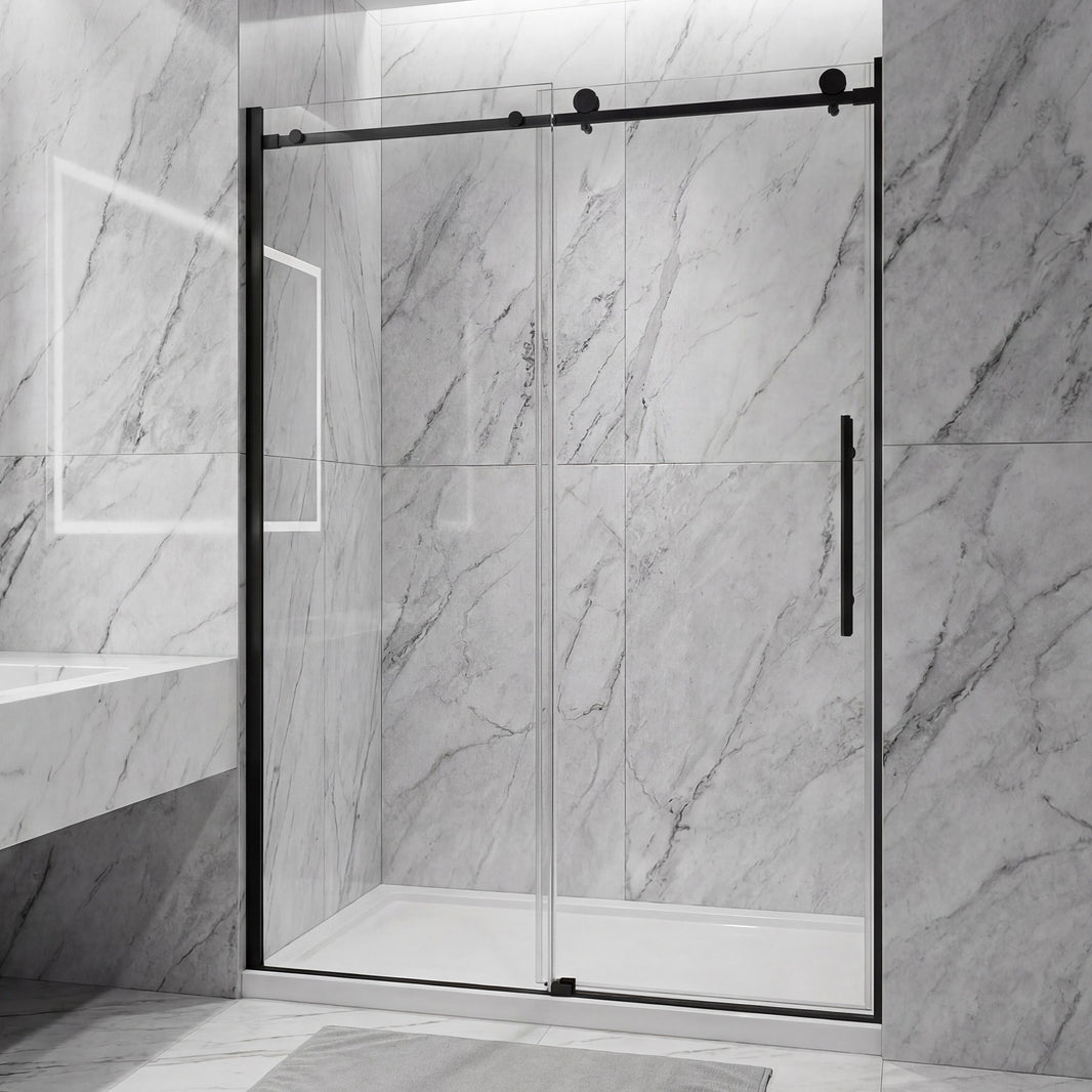Jade matte black frameless sliding shower door in a modern bathroom