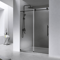 Jade matte black frameless single sliding shower door installed in a modern bathroom