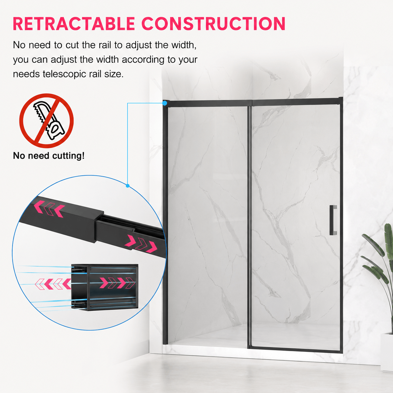 Adjustable telescopic rail on Jade matte black frameless sliding shower door with no cutting required
