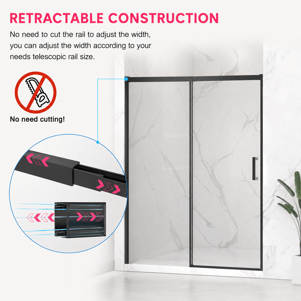 Adjustable telescopic rail on Jade matte black frameless sliding shower door with no cutting required