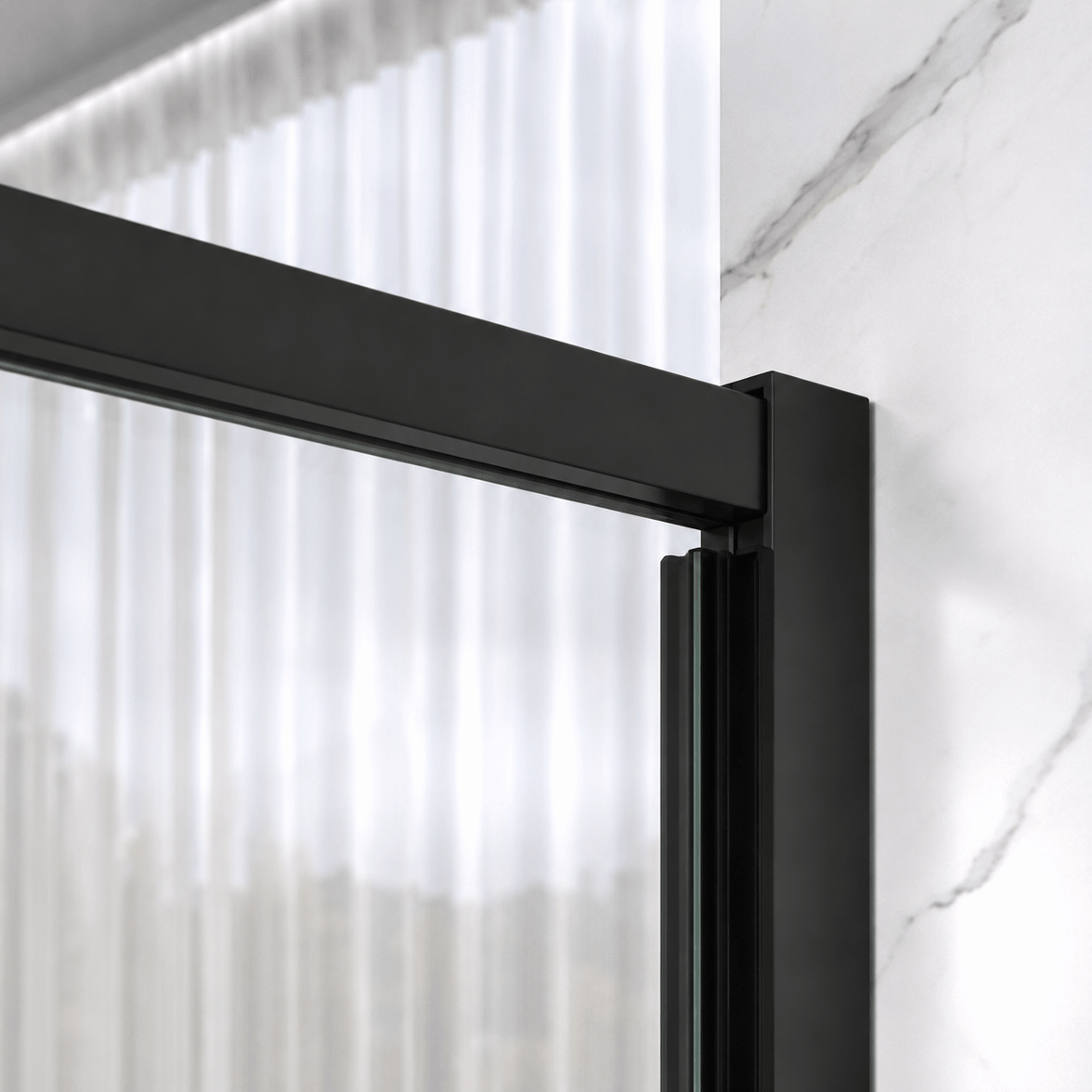 Stainless steel sliding roller detail on Jade matte black semi-frameless shower door