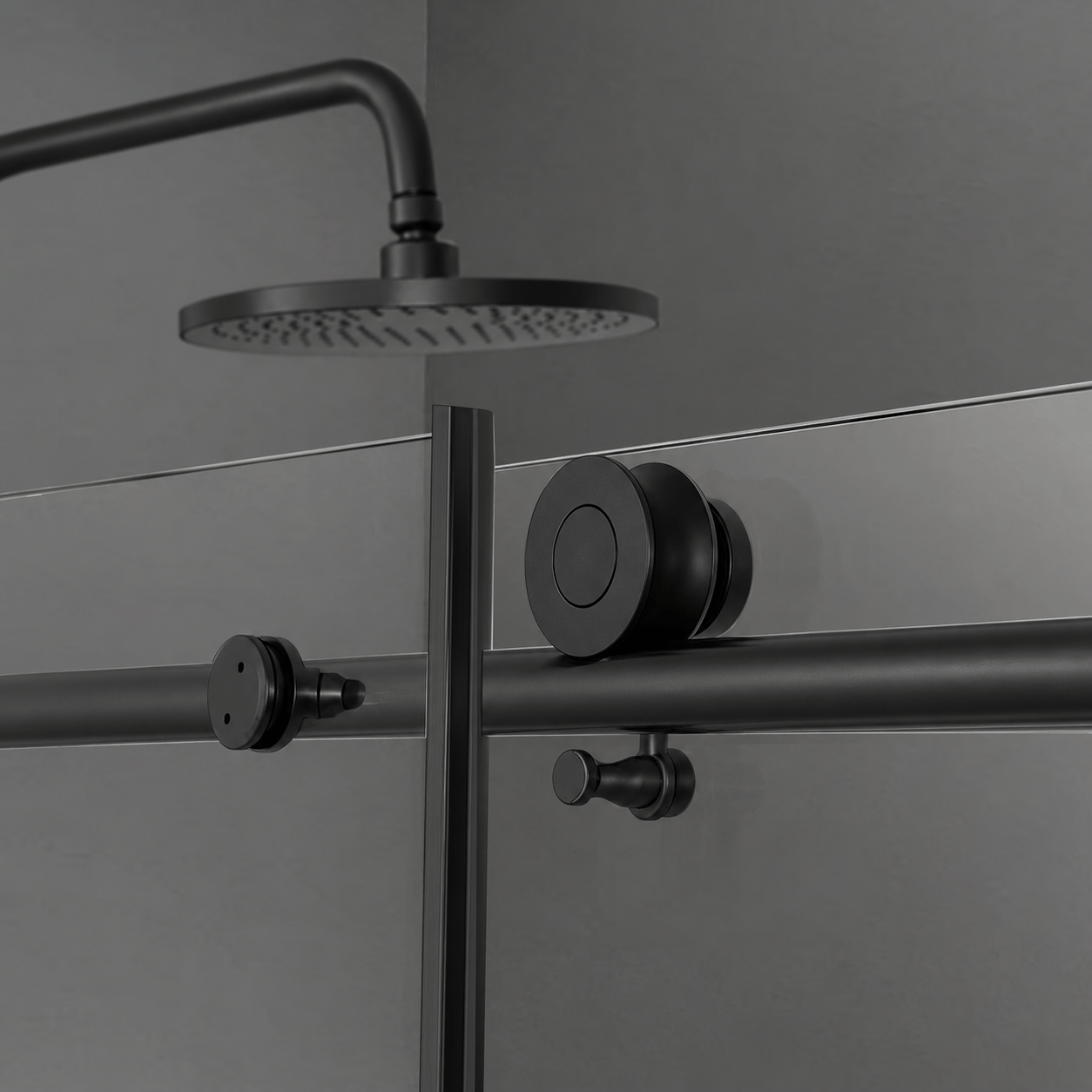 Stainless steel sliding roller detail on Jade matte black frameless shower door