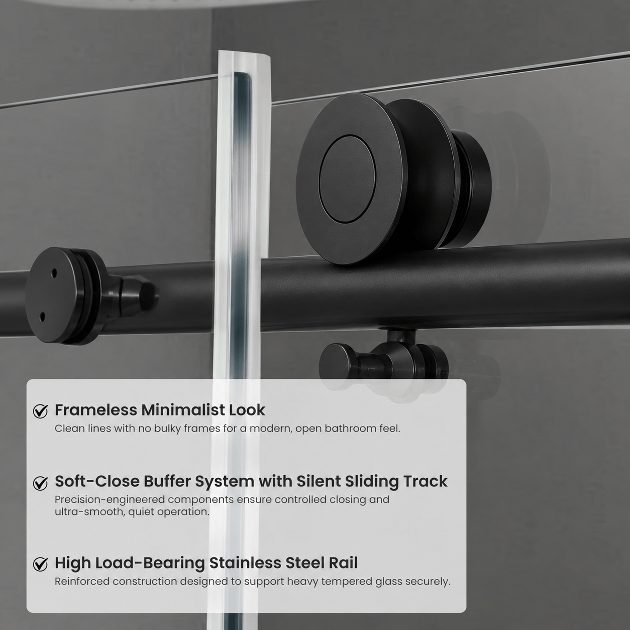 Large stainless steel roller hardware on Jade matte black frameless sliding shower door