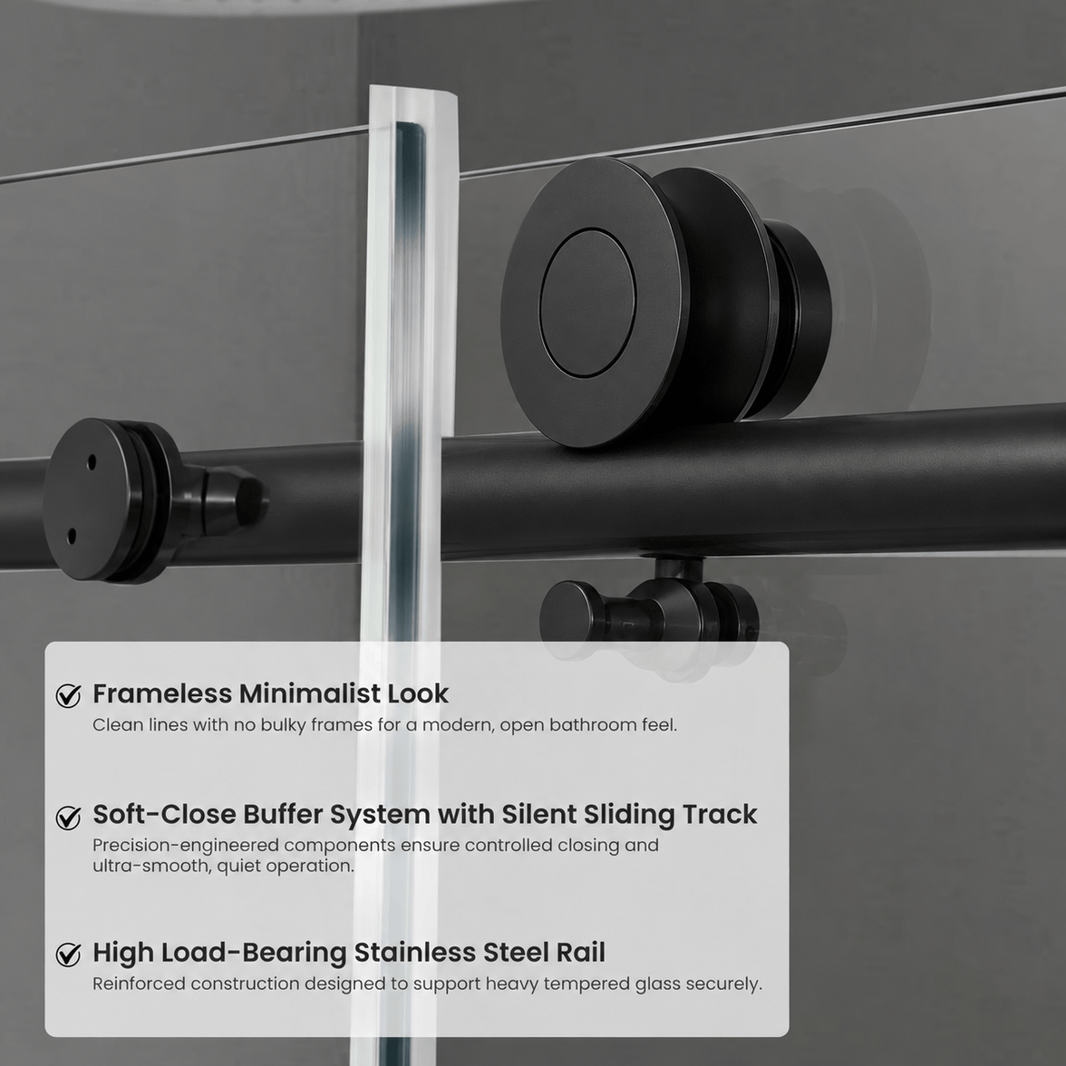 Large stainless steel roller hardware on Jade matte black frameless sliding shower door