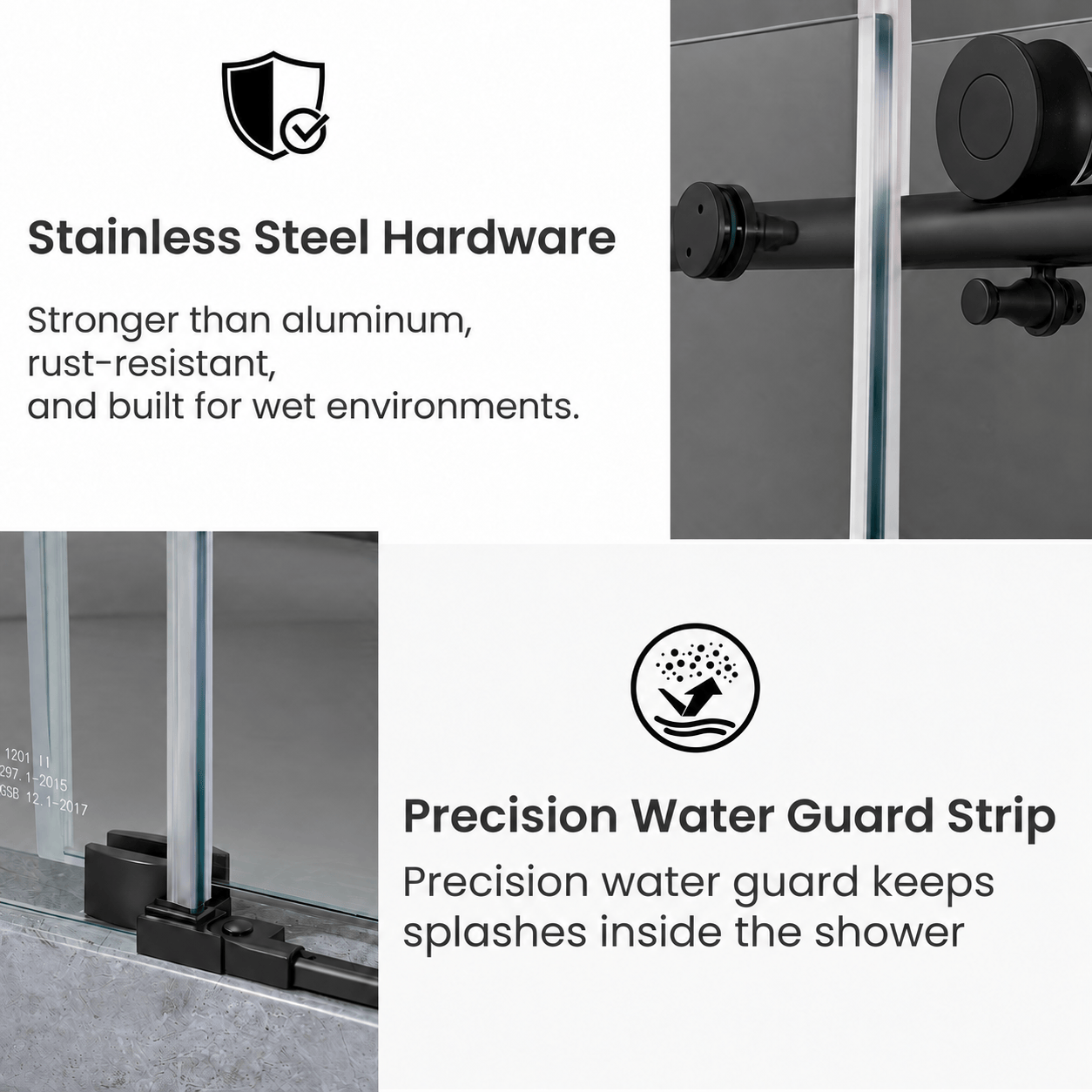 Matte black stainless steel hardware and water guard on Jade frameless shower door