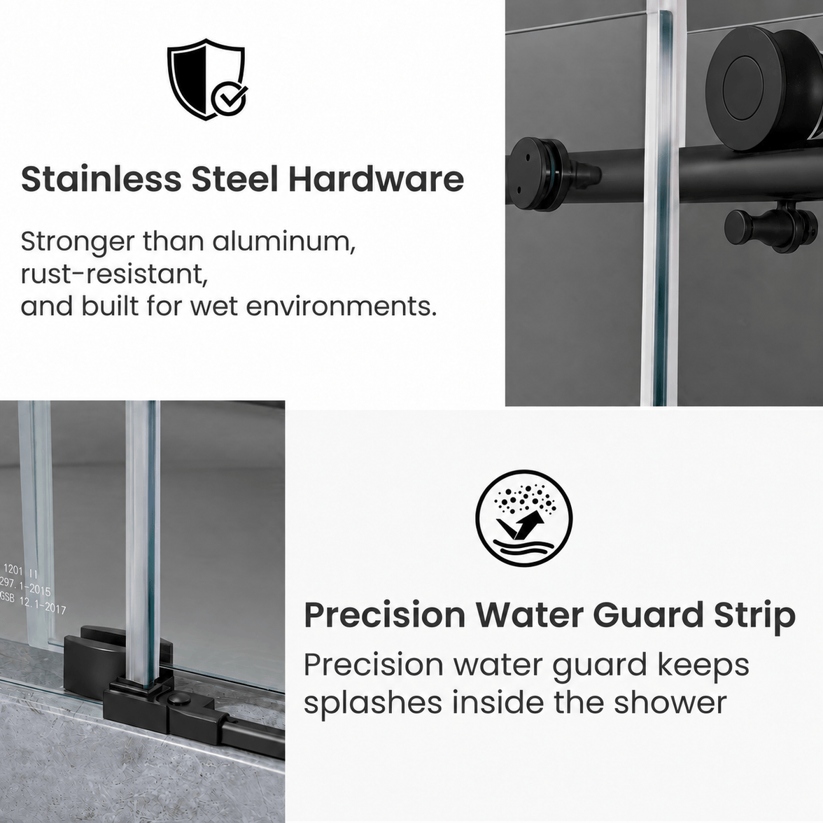 Matte black stainless steel hardware and water guard on Jade frameless shower door