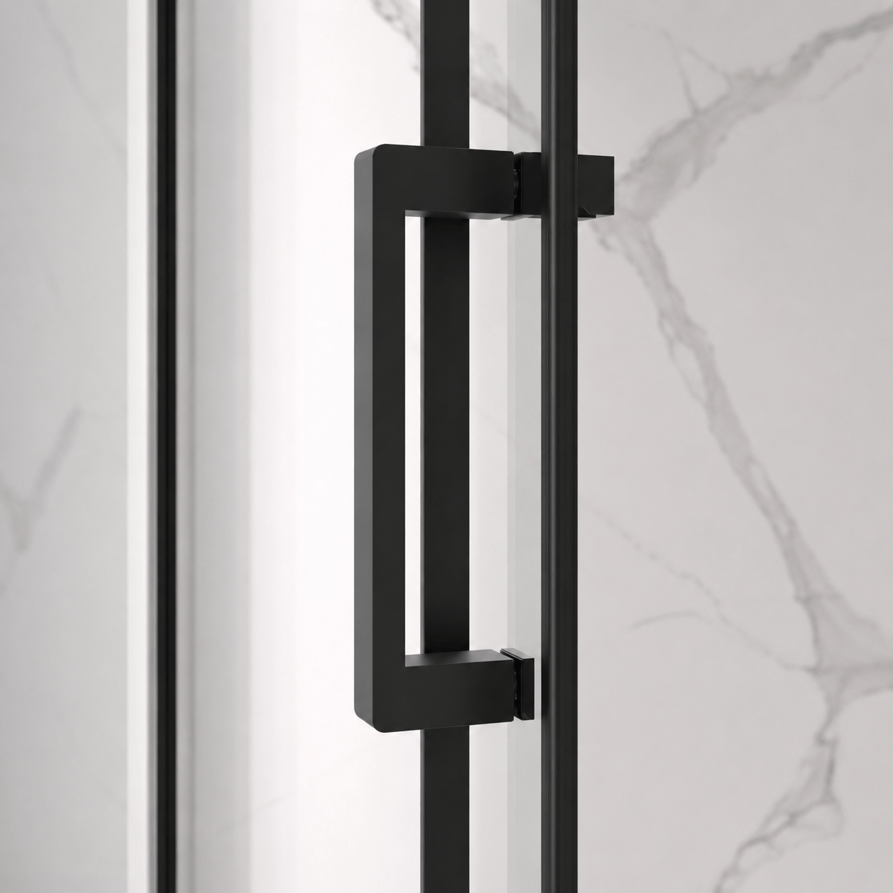 Stainless steel towel bar detail on Jade matte black shower door