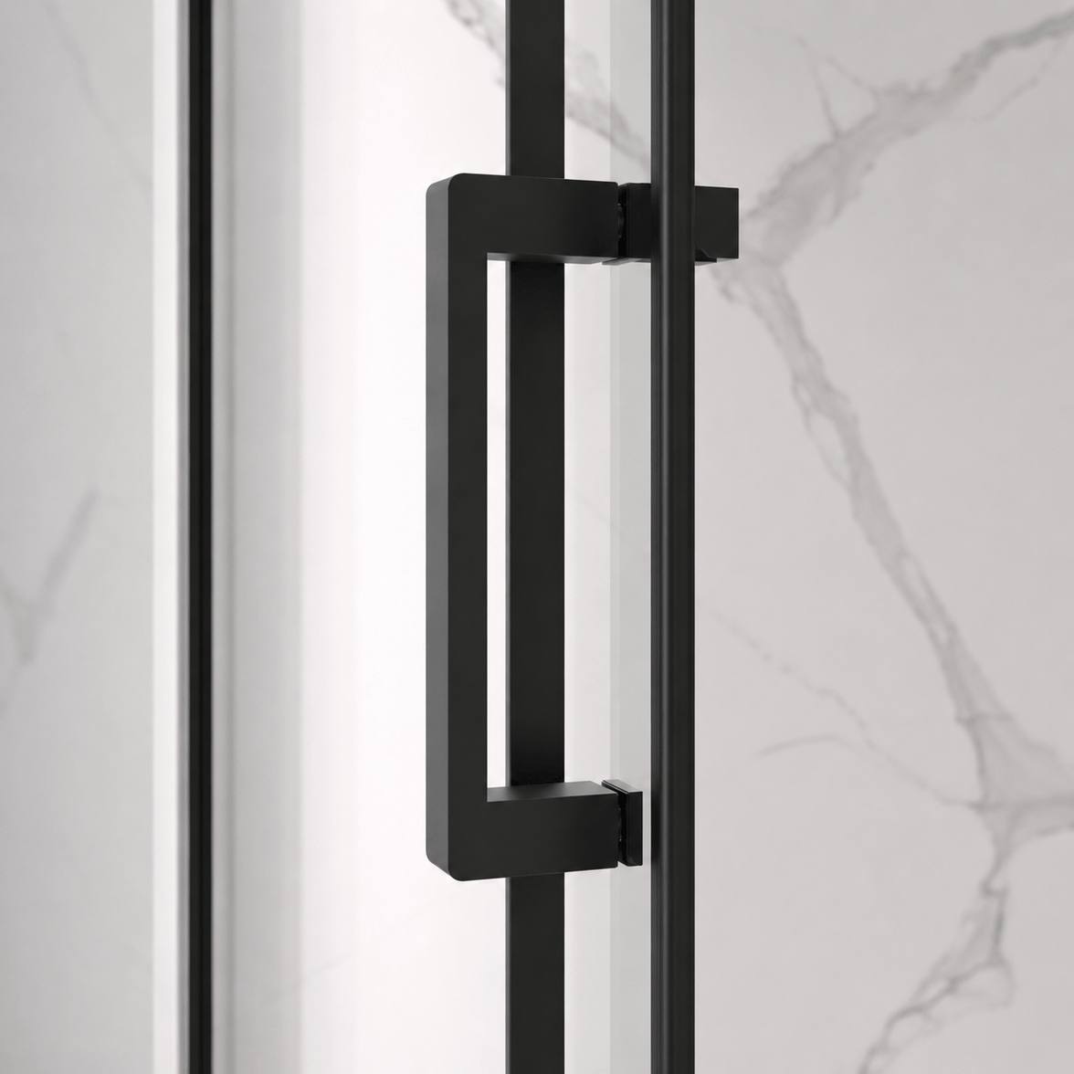 Stainless steel towel bar detail on Jade matte black shower door