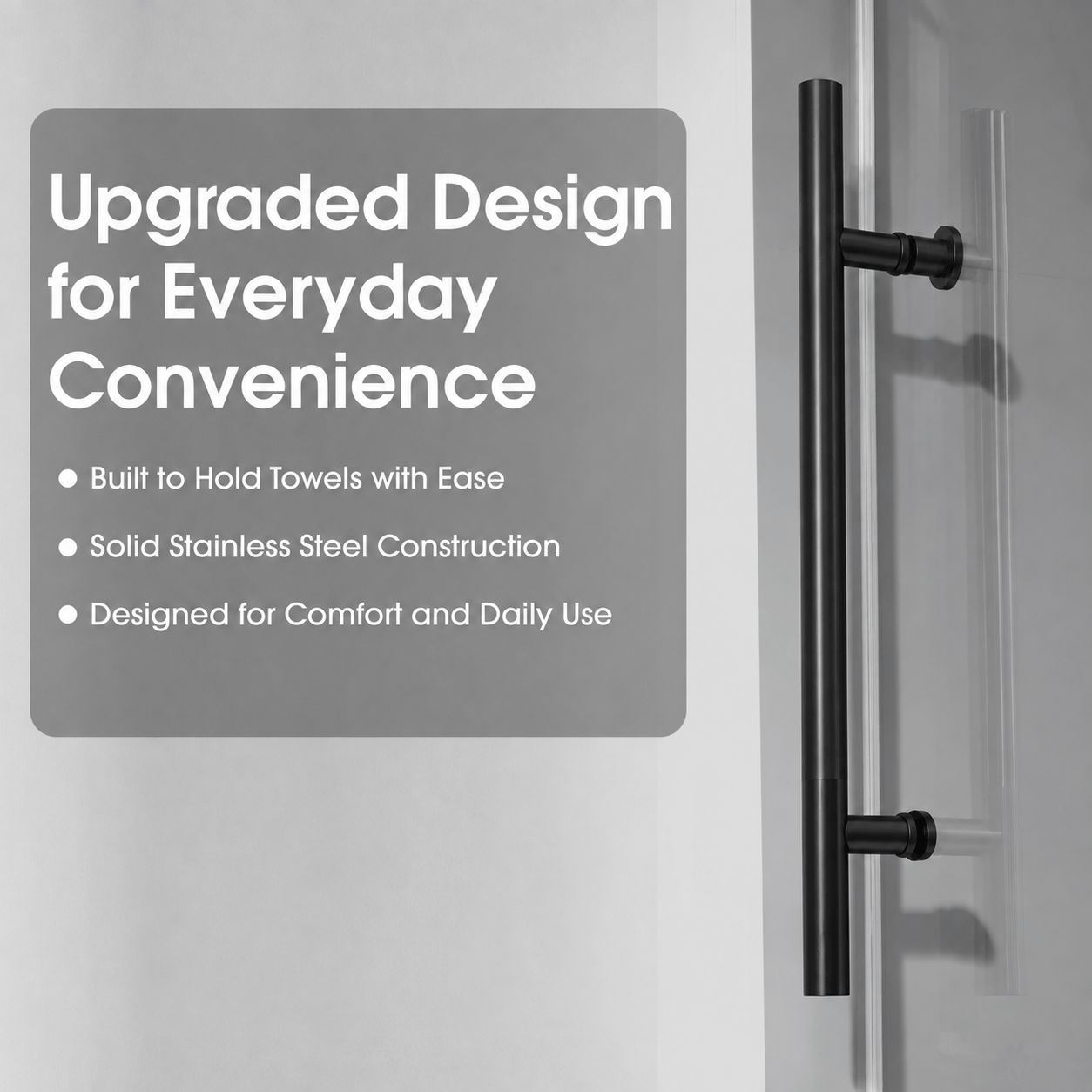 Stainless steel towel bar and handle on Jade matte black sliding shower door