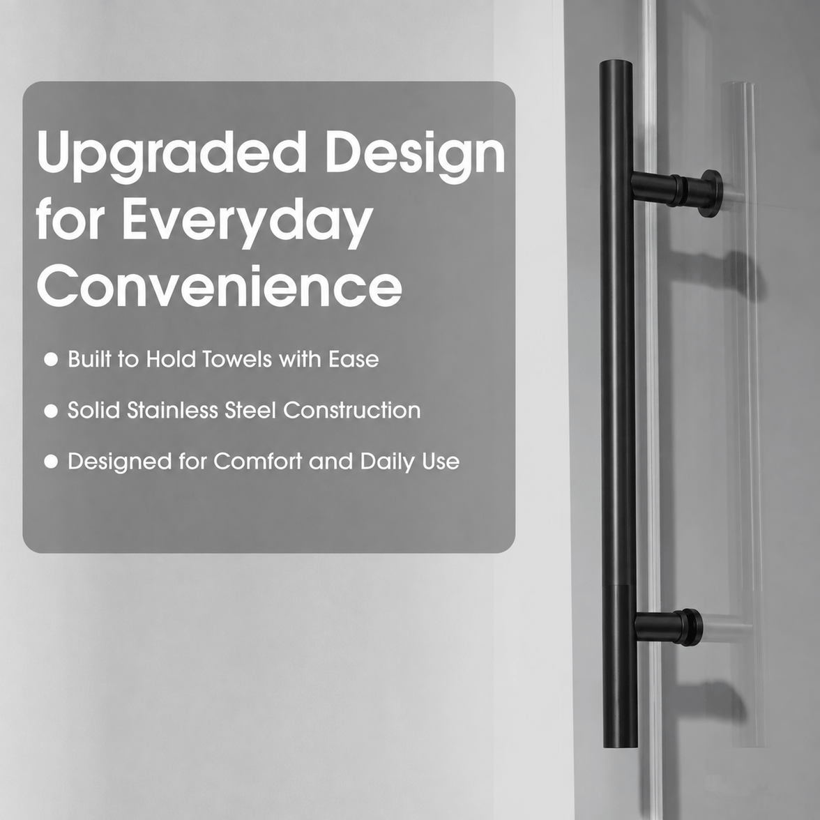 Stainless steel towel bar and handle on Jade matte black sliding shower door