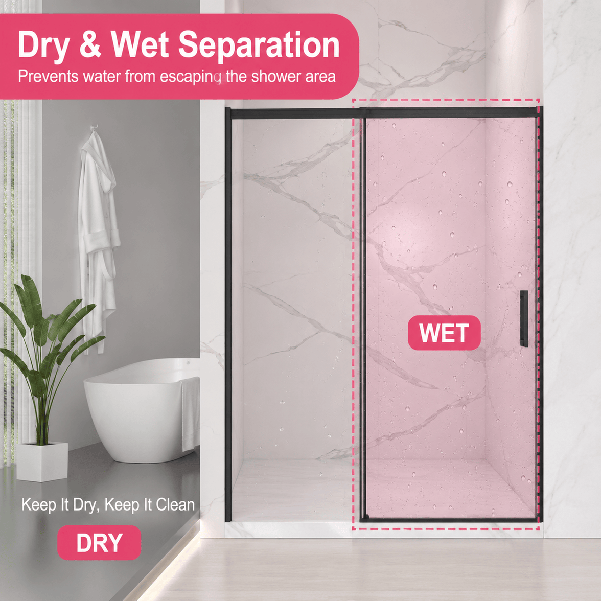 Matte black waterproof-design on Jade semi-frameless shower door