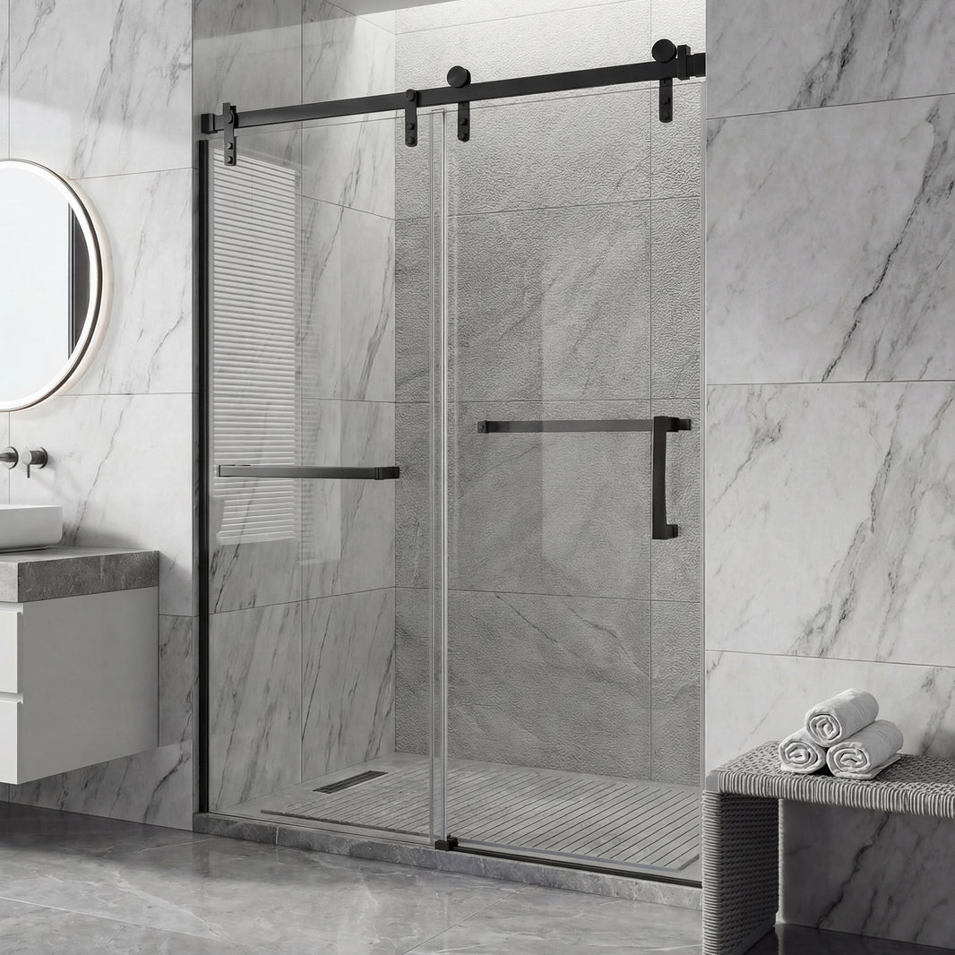 Jade matte black semi-frameless sliding shower door angle view
