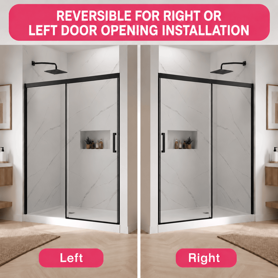 Jade matte black frameless sliding shower door reversible installation options