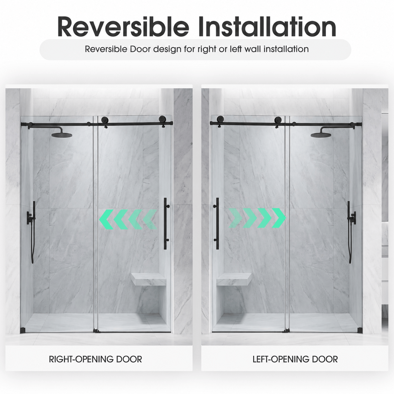 Jade matte black frameless sliding shower door reversible installation options