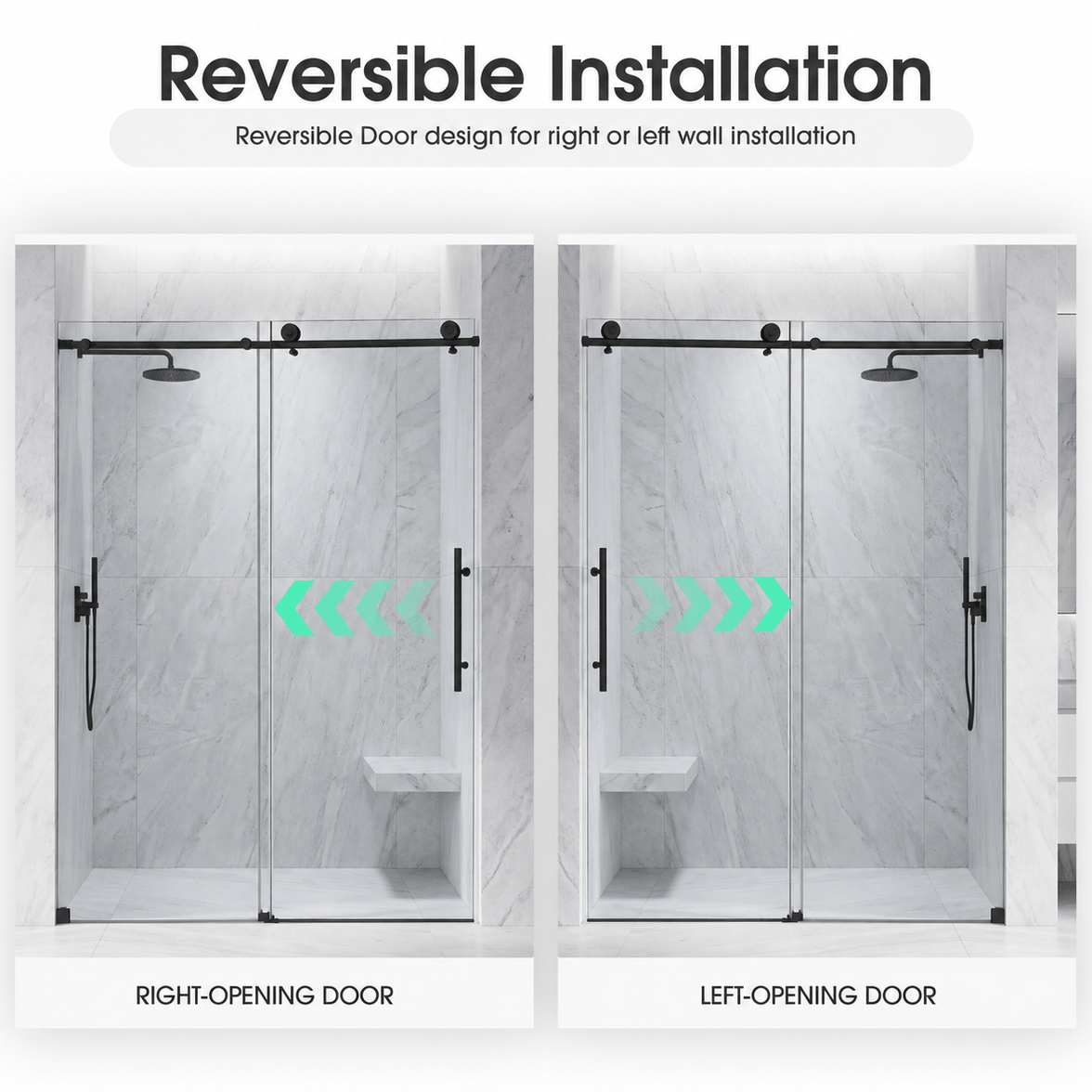Jade matte black frameless sliding shower door reversible installation options