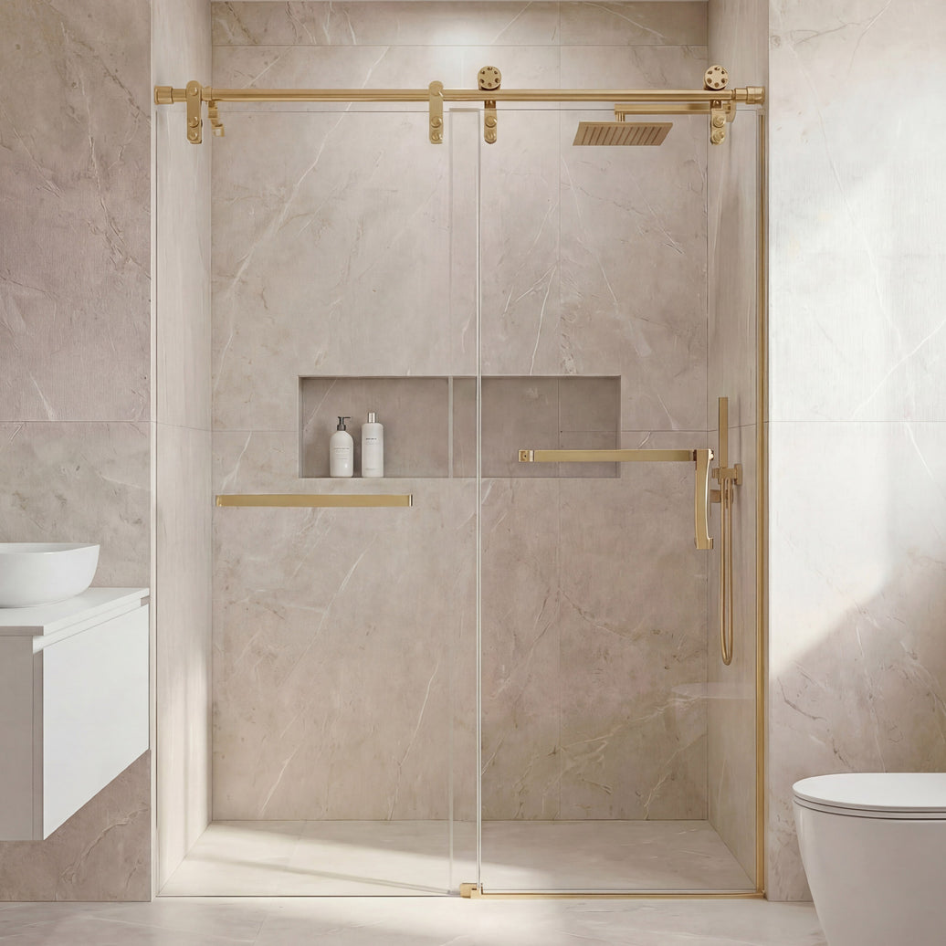 Jade semi-frameless single sliding shower door in gold