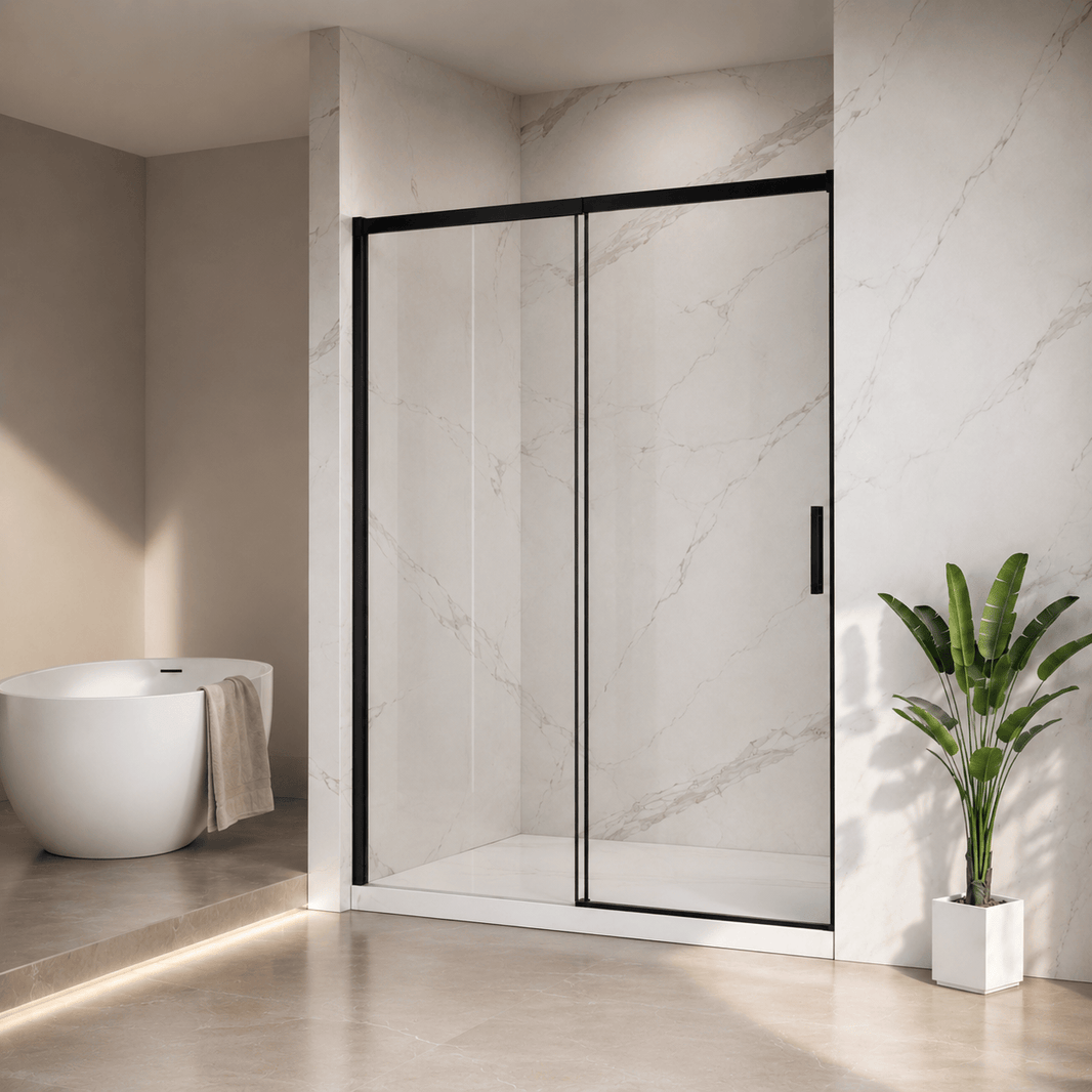 Jade matte black semi-frameless sliding shower door in a modern bathroom