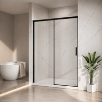 Jade matte black semi-frameless sliding shower door in a modern bathroom