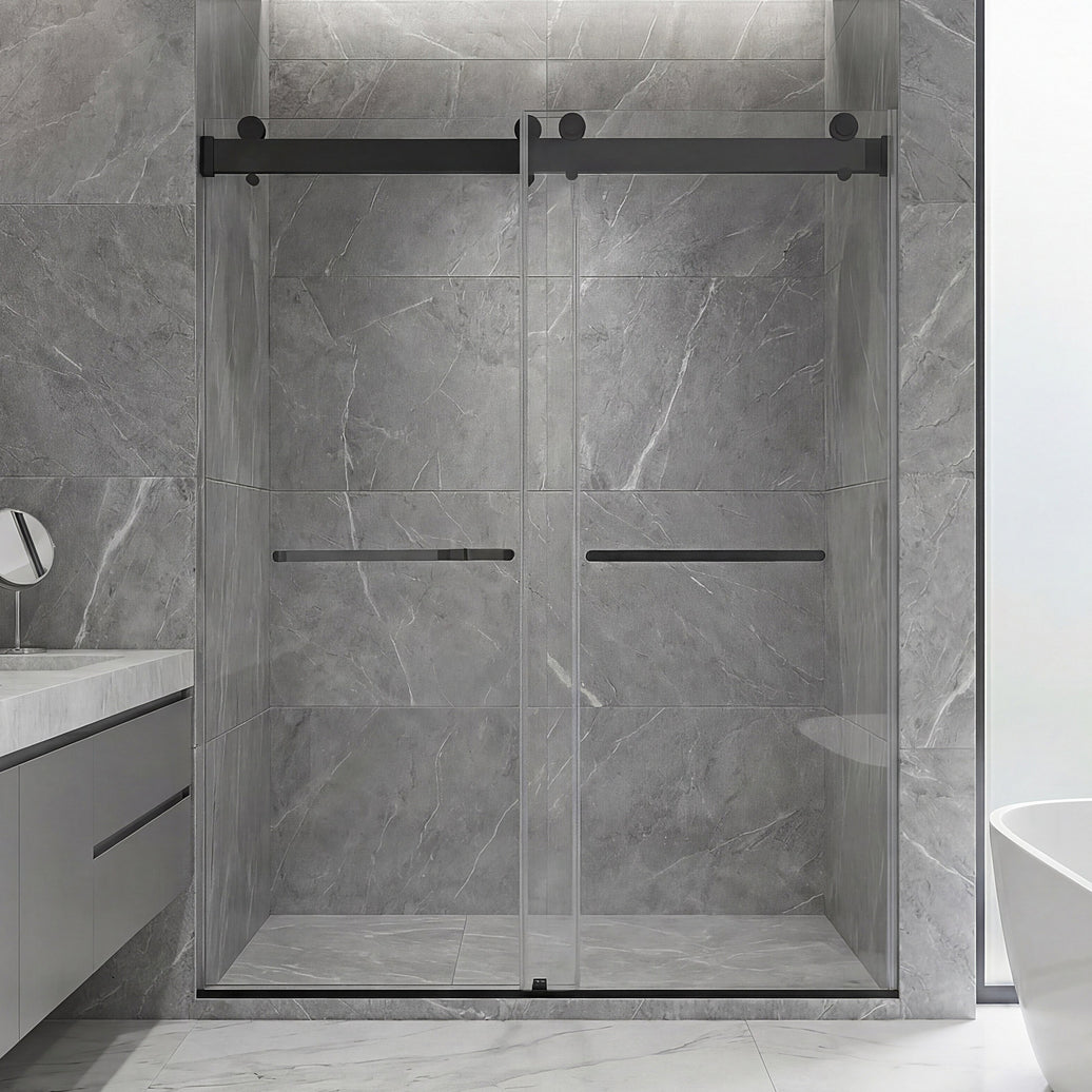 Vanity Decors Astra Frameless Double Sliding Shower Door in Matte Black