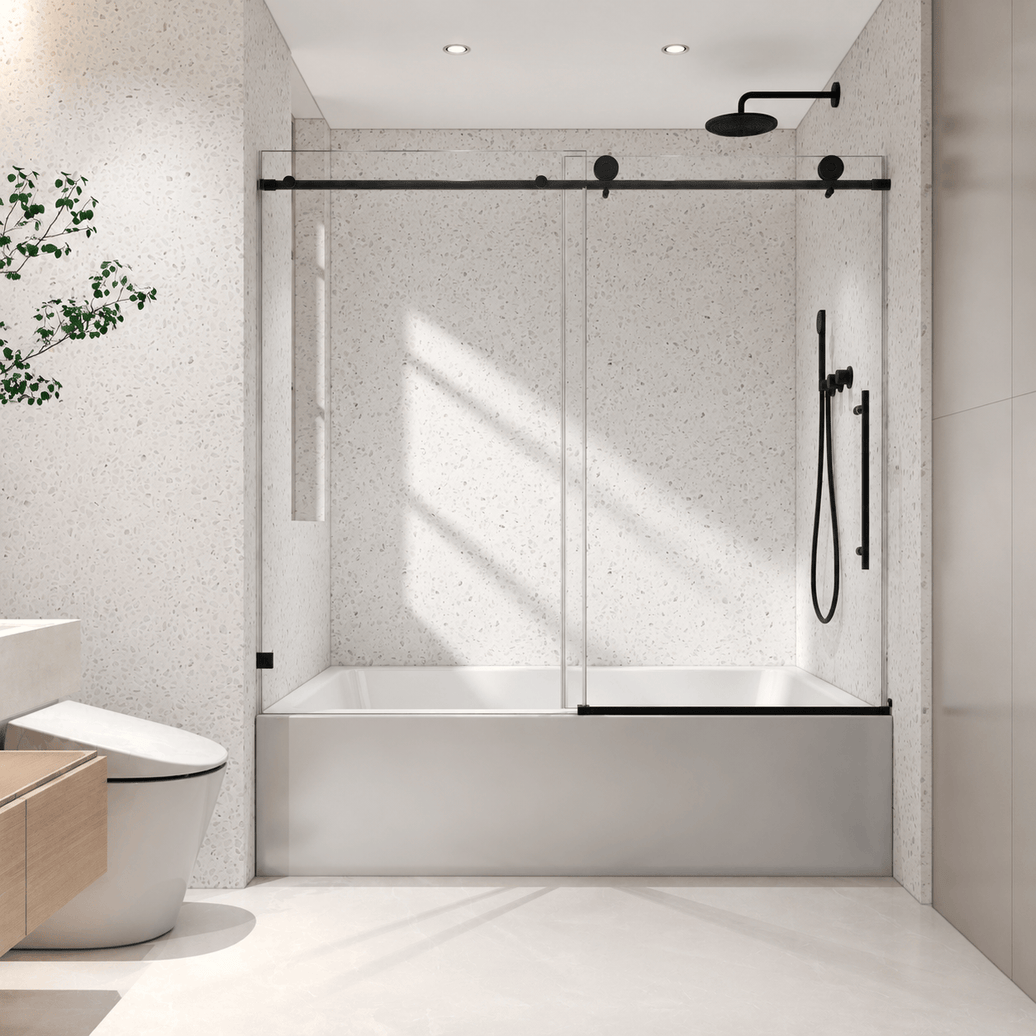 Vanity Decors Jade frameless single sliding bathtub door in matte black