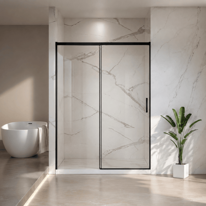 Vanity Decors Jade semi-frameless single sliding shower door in matte black