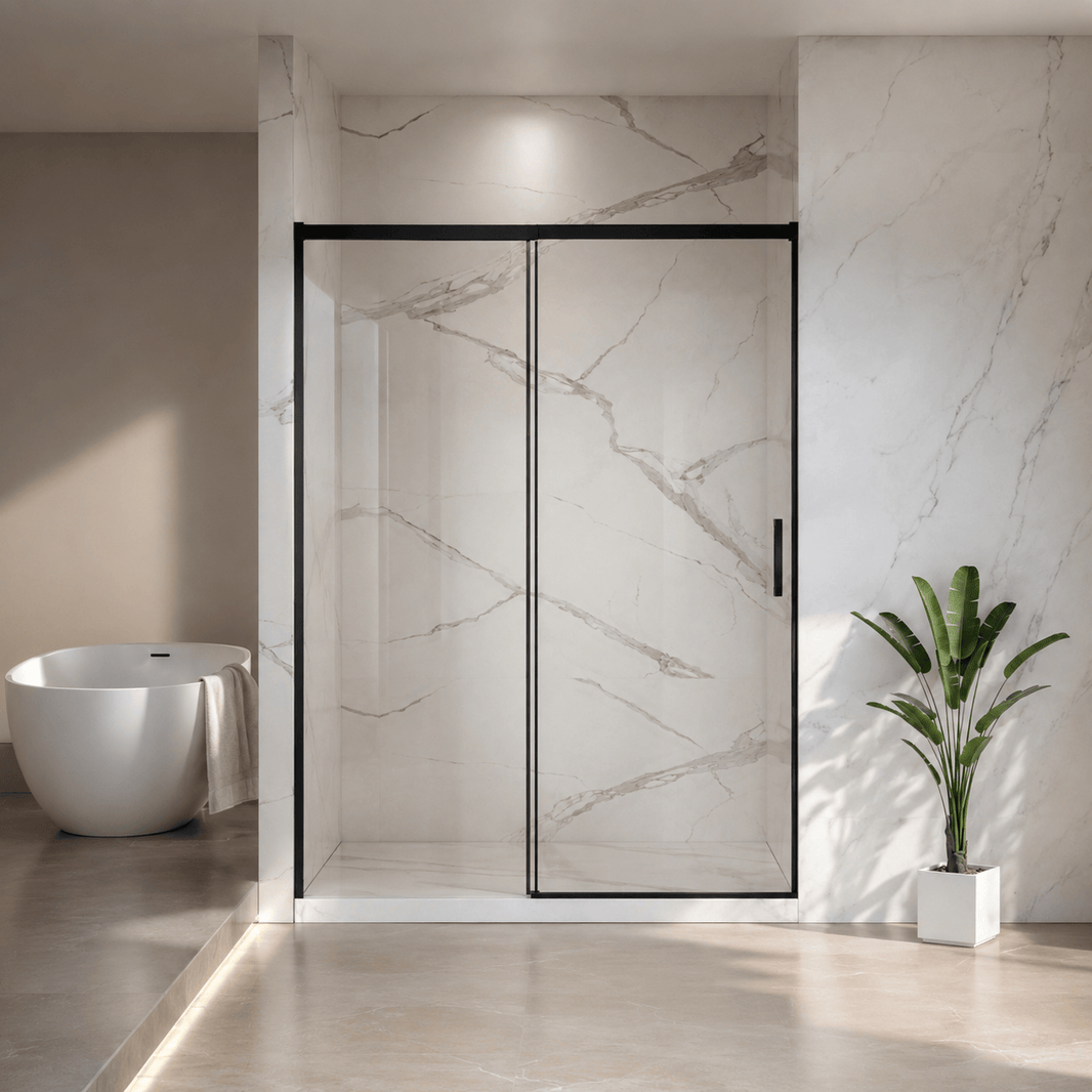 Vanity Decors Jade semi-frameless single sliding shower door in matte black